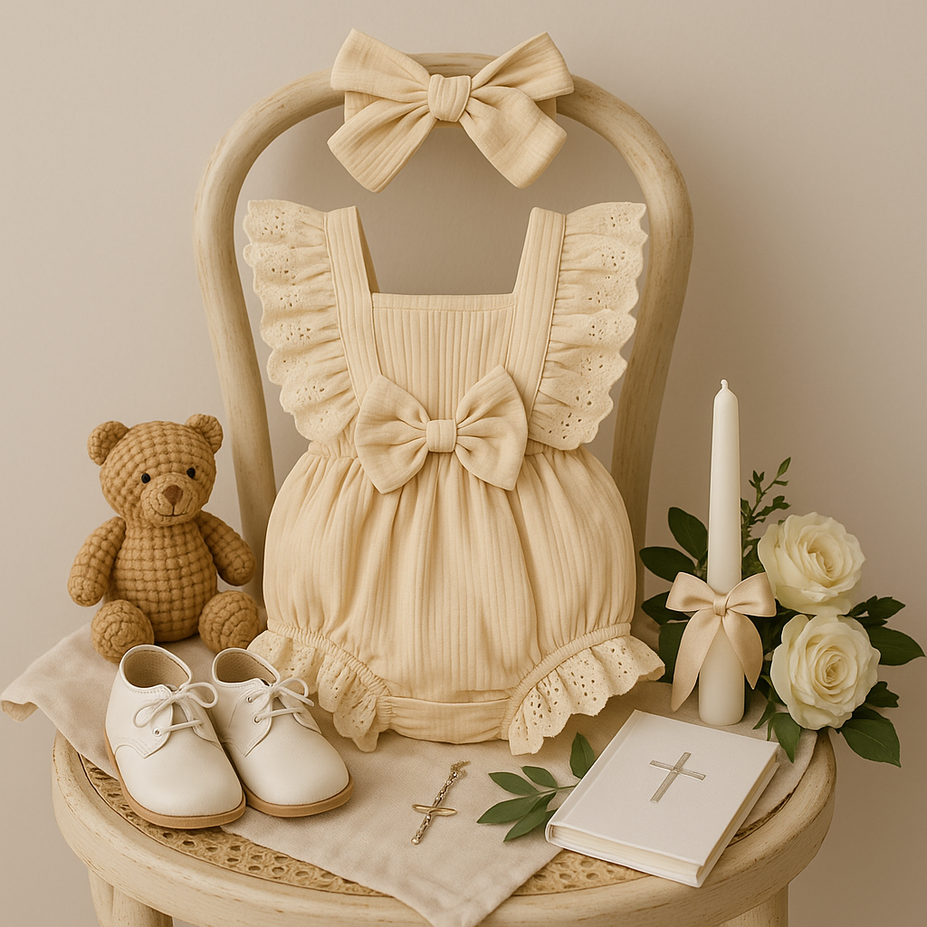 Conjunto para Bebé Niña – Enterizo con Lazo y Cinta para el Cabello, Cuello Cuadrado-Baby Girl Summer Outfit – Solid Color Square Neck Bow Onesie & Matching Headband