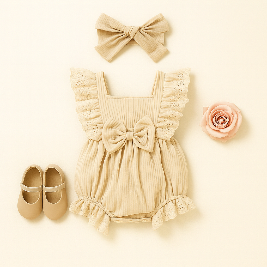 Conjunto para Bebé Niña – Enterizo con Lazo y Cinta para el Cabello, Cuello Cuadrado-Baby Girl Summer Outfit – Solid Color Square Neck Bow Onesie & Matching Headband