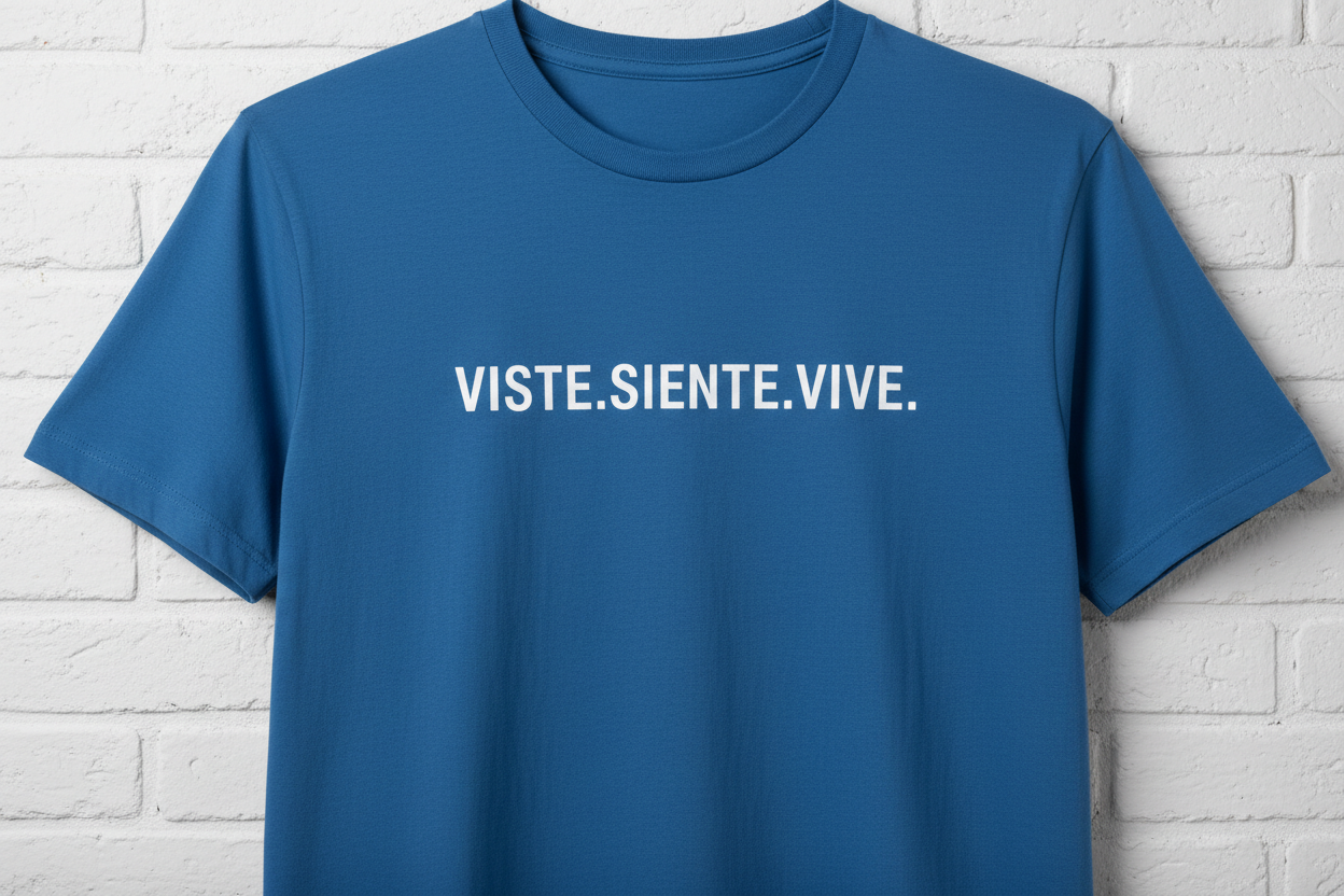 Crea una imagen para el banner de inicio de Shopify.  Que sea una camiseta azul. A la altura del pecho las palabras: VISTE.SIENTE.VIVE. con los puntos al final de cada palabra. El fondo de ladrillos, pintados de blanco. 