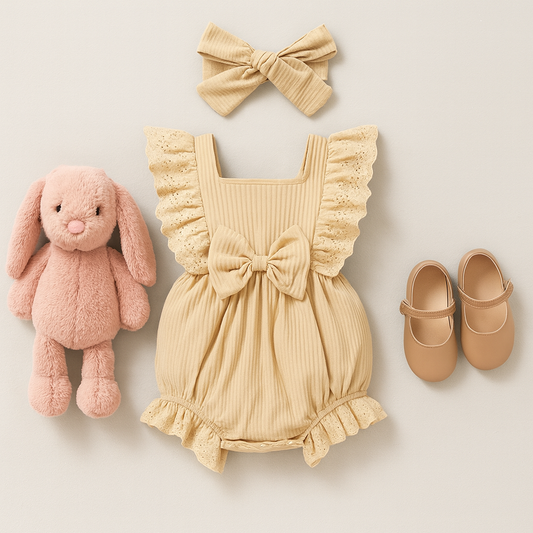 Conjunto Verano Bebé Niña – Mameluco con Moño y Cinta para el Cabello, Cuello Cuadrado-Baby Girl Summer Outfit – Solid Color Square Neck Bow Onesie & Matching Headband
