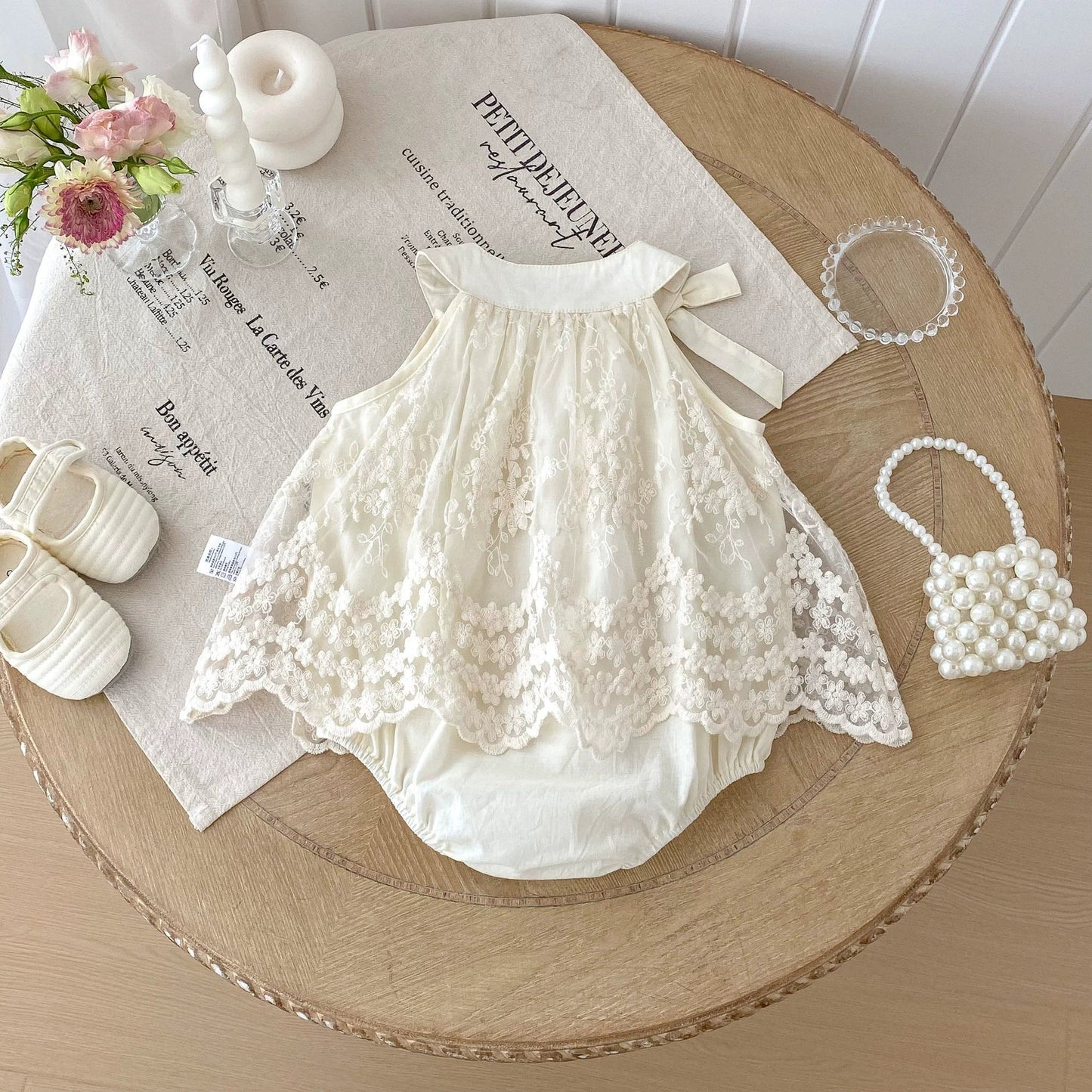 Body Bebé Niña – Beige y Elegante Tul bordado│Baby Girl Bodysuit – Beige and Elegant Embroidered Tulle