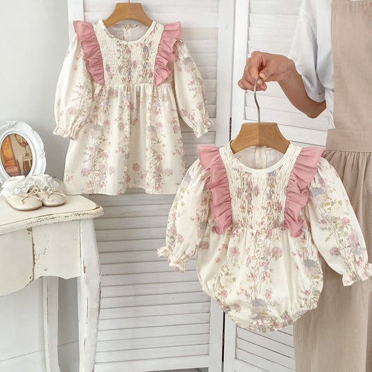 Conjunto Floral Estilo Francés – Body de Manga Larga y Vestido de Primavera para Niña-French-Style Floral Set – Long-Sleeve Bodysuit & Spring Dress for Baby Girl